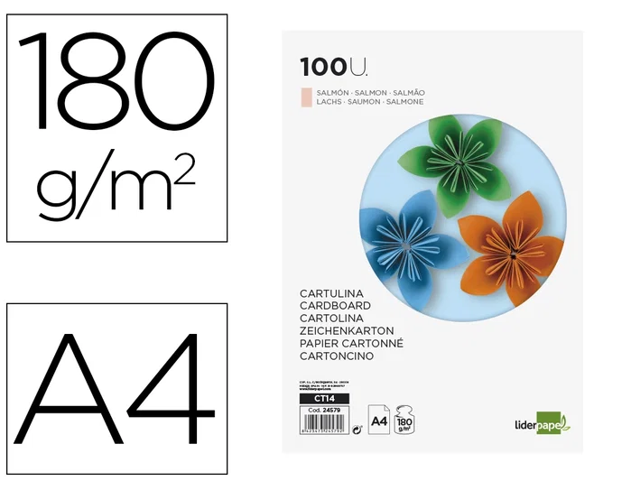 Liderpapel Cartulina A4 Salmón 180g/m2 paquete de 100 hojas Liderpapel Cartulina A4 Salmón 180g/m2 paquete de 100 hojas