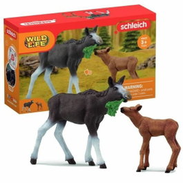 Schleich Figuras de alce hembra con cría y mata de hierba Wild Life