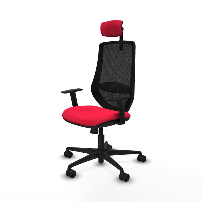 Silla de oficina Mardos con mecanismo Sincro tapizada con Tela color Rojo y malla color Negro. Equipada con lumbar 1D, Brazos 1D, Cabecero 2D y Ruedas 65mm nailon