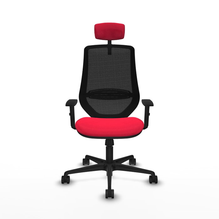 Silla de oficina Mardos con mecanismo Sincro tapizada con Tela color Rojo y malla color Negro. Equipada con lumbar 1D, Brazos 1D, Cabecero 2D y Ruedas 65mm nailon