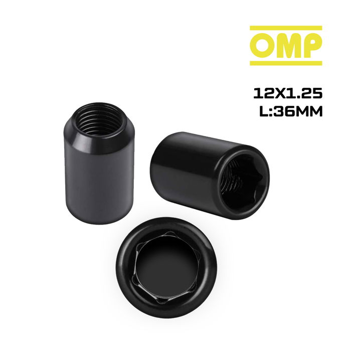 Omp Juego de 4 Tuercas Estrella M12x1.25 Cónico Largo 36mm Llave 17-19 Negro DIN 10.9 OMPS09731201