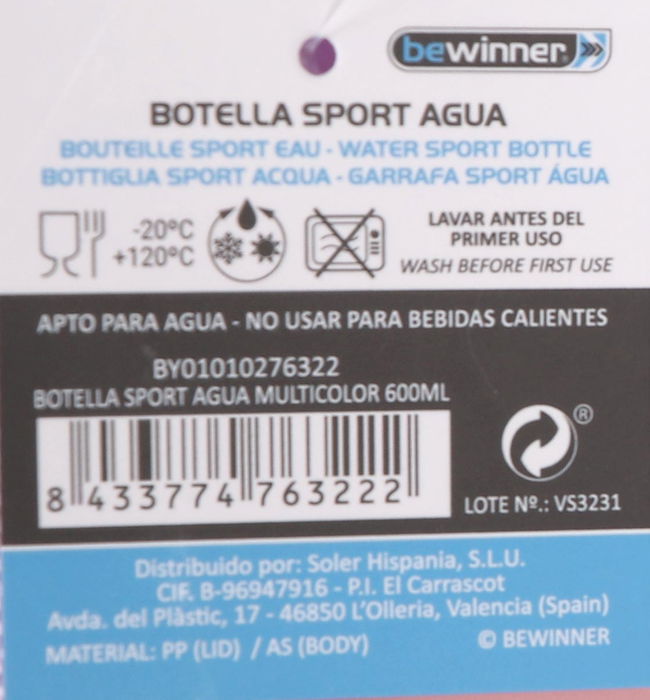 Bewinner Botella Sport Agua Multicolor 600 ml - Ancho 7.7 cm, Alto 19.8 cm, Largo 8.5 cm (12 Unidades)