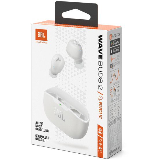 JBL Wave Buds 2 True Wireless Auriculares Inalámbricos Intrauditivos con Cancelación de Ruido Activa, Blanco