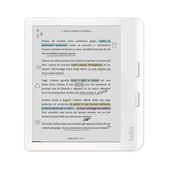 Kobo Libra Colour - eBook Reader con Pantalla Táctil a Color E Ink Kaleido de 7" (17.8 cm), Resolución 1264x1680, 32 GB, Wi-Fi, Bluetooth, Resistente al Agua, Color Blanco