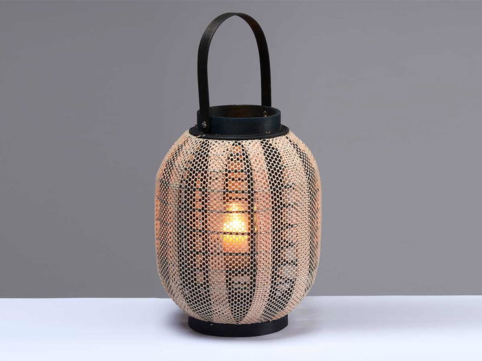 Giftdecor Farol Portavela Asa Ovalado 27x32x27cm - Tela, Madera, Vidrio Beige/Negro (Set de 2)