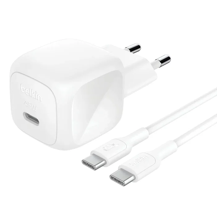 Belkin WCA013kq1MWH-B6 Cargador de Pared USB-C 45W Carga Rápida PD 3.1, Blanco, Cable USB-C a USB-C de 1 m, Compatible con MacBook Air/Pro y iPad