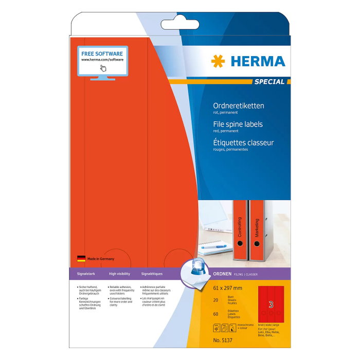 HERMA Etiquetas de Identificación para Carpetas 61,0 x 297,0 mm Rojo