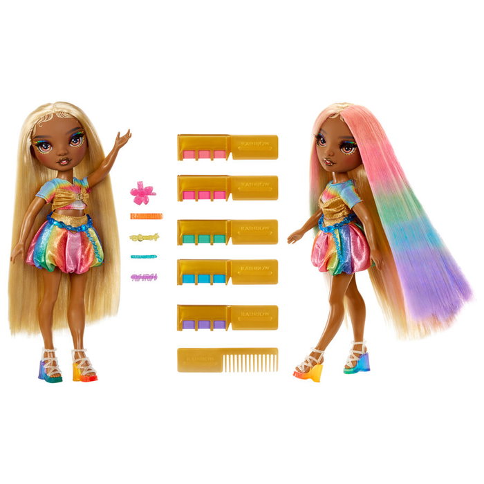MGA Muñeca Meline Hair Chalk & Style Rainbow High para +6 años, pelo largo y teñible con colores arcoíris