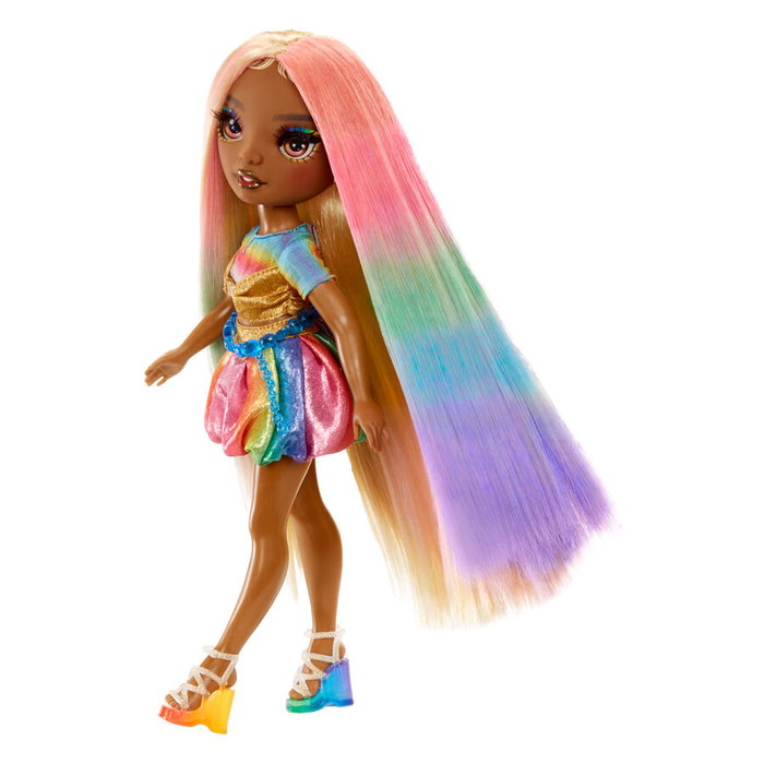 MGA Muñeca Meline Hair Chalk & Style Rainbow High para +6 años, pelo largo y teñible con colores arcoíris