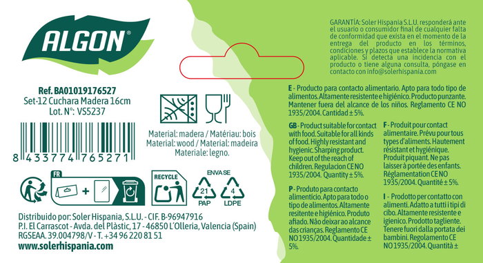 Inde Set 12 Cuchara Madera 16 cm (24 Unidades)