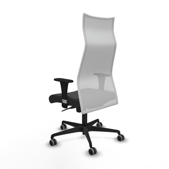 Sillón Albacete con mecanismo Sincro tapizada con Similpiel color Gris oscuro y malla color Blanco. Equipado con Base nailon negra, Brazos 1D y Ruedas 65 mm parqué