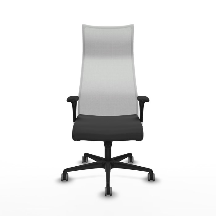 Sillón Albacete con mecanismo Sincro tapizada con Similpiel color Gris oscuro y malla color Blanco. Equipado con Base nailon negra, Brazos 1D y Ruedas 65 mm parqué