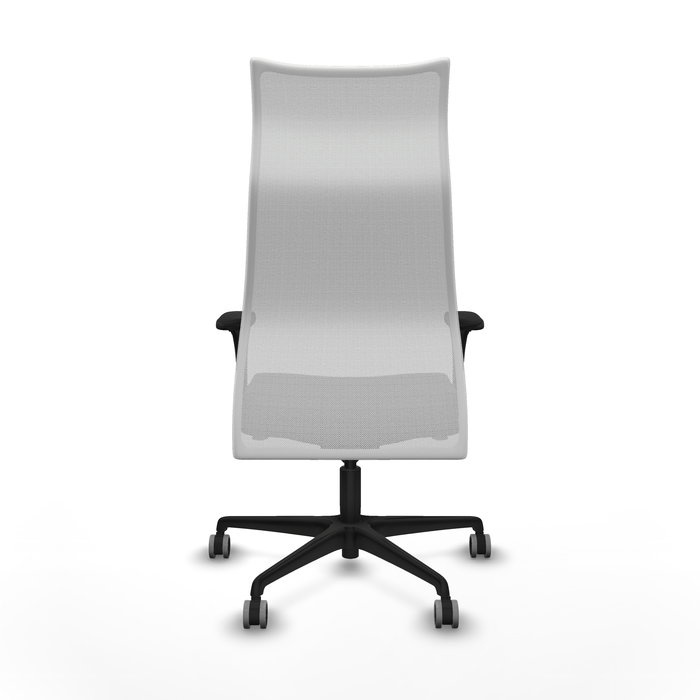 Sillón Albacete con mecanismo Sincro tapizada con Similpiel color Gris oscuro y malla color Blanco. Equipado con Base nailon negra, Brazos 1D y Ruedas 65 mm parqué