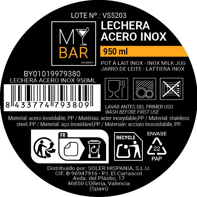 My Bar Lechera de Acero Inoxidable, 950 ml, Grosor 0.7 mm (12 Unidades)