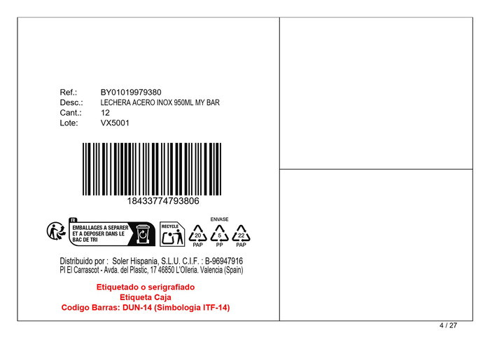 My Bar Lechera de Acero Inoxidable, 950 ml, Grosor 0.7 mm (12 Unidades)