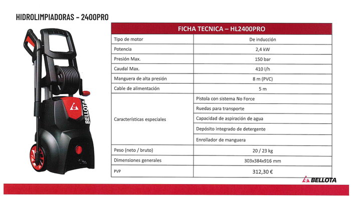 Bellota HL2400PROE Hidrolimpiadora de 2,4 kW y 150 bar