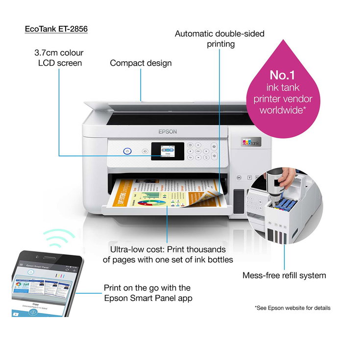 Epson EcoTank ET-2856 Impresora Multifunción A4, Wi-Fi, Inyección de Tinta a Color, Depósito de Tinta