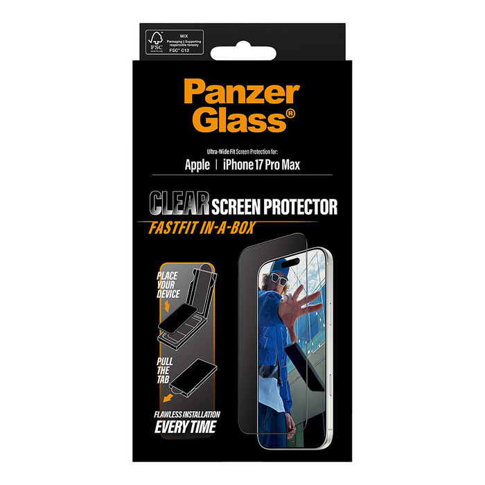 PanzerGlass Protector de Pantalla iPhone 17 Pro Max UWF Fastfit Ultra-Wide Fit Negro Anti-huellas Resistente a Rayones y Golpes