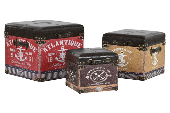 DKD Home Decor Caja Atlantico Multicolor Marron Madera PU 47 x 42 x 47 cm Set de 3