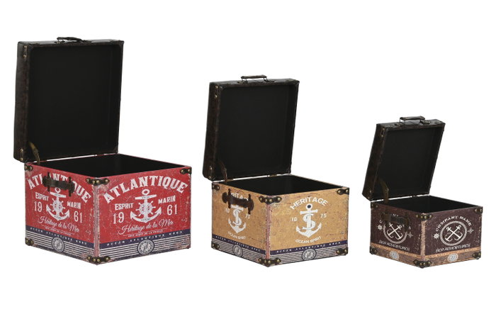 DKD Home Decor Caja Atlantico Multicolor Marron Madera PU 47 x 42 x 47 cm Set de 3