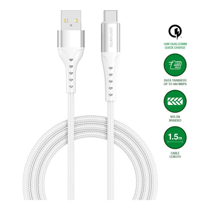 4smarts PrimeCord 541455 Cable USB-A a USB-C, 18W Carga Rápida, 1.5m, 0.48 Gbit/s, Blanco