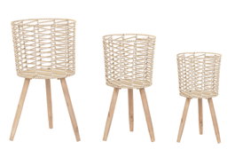 DKD Home Decor Set de 3 Maceteros de Fibra Trenzada y Madera