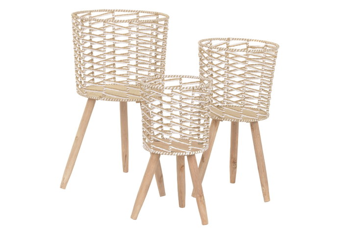 DKD Home Decor Set de 3 Maceteros de Fibra Trenzada y Madera