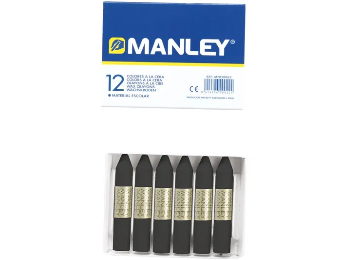 Manley Lápiz Cera Unicolor Negro n.30 Caja de 12 Unidades, Suave y Resistente a la Luz, Ideal para Superficies Porosas