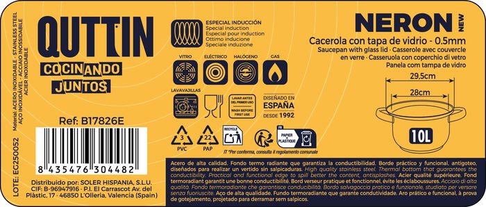 Inde Cacerola 28 cm (10 L) Acero Inoxidable con Tapa "New Neron" 39x29.5x16 cm (4 Unidades)