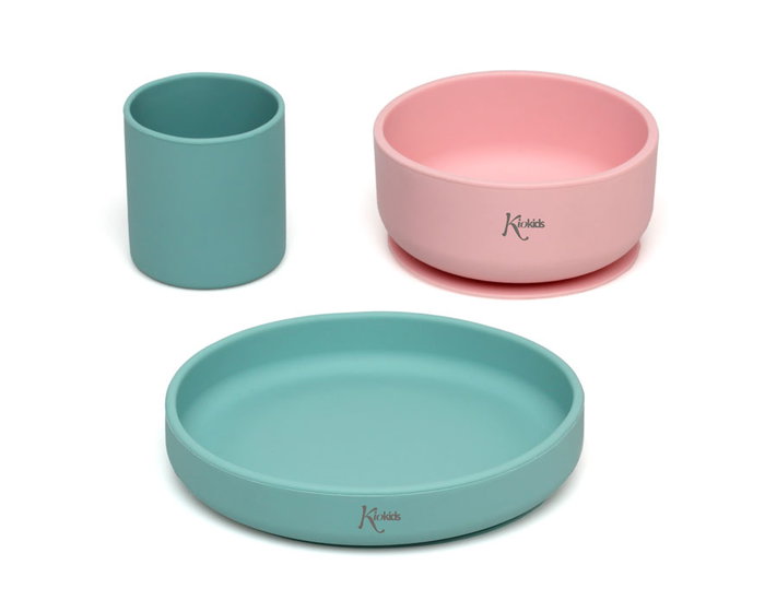 KioKids Set Vajilla Bebé 3 Piezas Silicona Rosa y Verde con Ventosa +6 Meses