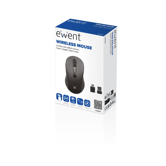 EWENT Ratón inalámbrico EW3204 con adaptador USB-C y 1600 DPI, Negro/Gris EWENT Ratón inalámbrico EW3204 con adaptador USB-C y 1600 DPI, Negro/Gris