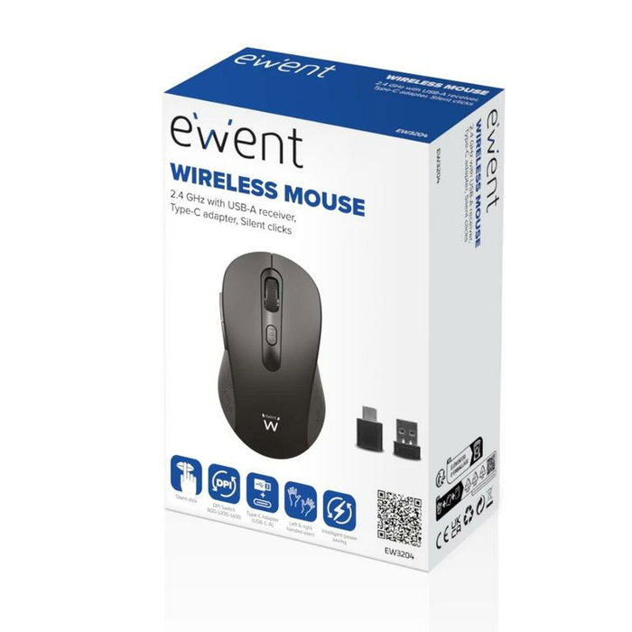 EWENT Ratón inalámbrico EW3204 con adaptador USB-C y 1600 DPI, Negro/Gris EWENT Ratón inalámbrico EW3204 con adaptador USB-C y 1600 DPI, Negro/Gris