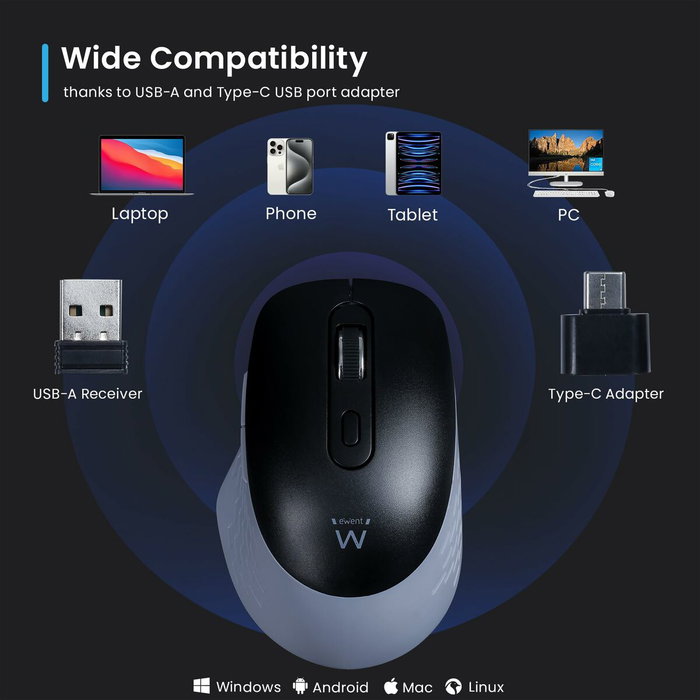 EWENT Ratón inalámbrico EW3204 con adaptador USB-C y 1600 DPI, Negro/Gris EWENT Ratón inalámbrico EW3204 con adaptador USB-C y 1600 DPI, Negro/Gris