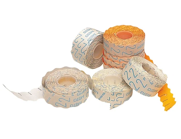 Meto Etiquetas Metalizadas Onduladas Marcaprecios PVP, 32 x 19 mm, Color Naranja Fluor, Rollo de 1000 Unidades