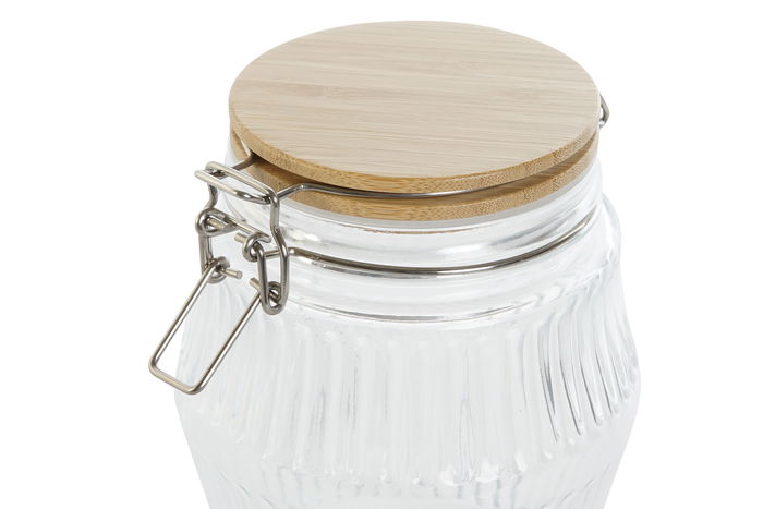 DKD Home Decor Bote Hermetico Basicos Cristal Bambu Inox Transparente Natural Set 3 Piezas 13.5 x 27 x 13.5 cm