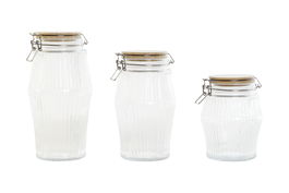 DKD Home Decor Bote Hermetico Basicos Cristal Bambu Inox Transparente Natural Set 3 Piezas 13.5 x 27 x 13.5 cm