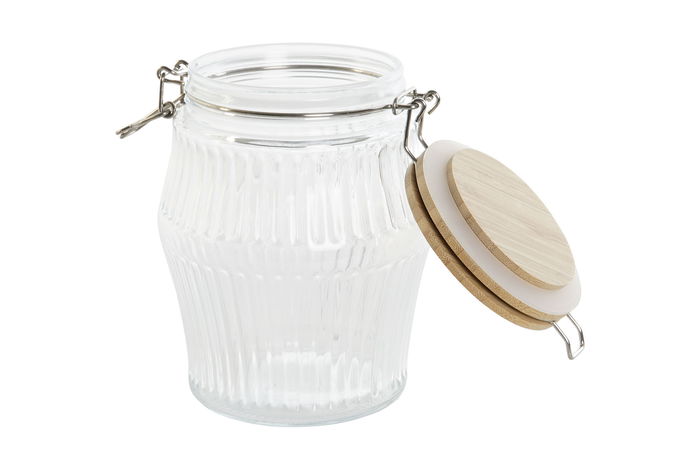 DKD Home Decor Bote Hermetico Basicos Cristal Bambu Inox Transparente Natural Set 3 Piezas 13.5 x 27 x 13.5 cm