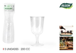 Algon Set de 5 Copas de Vino con Pie Transparente, 200 cc - Altura: 21,2 cm, Diámetro: 6,4 cm (24 Unidades)