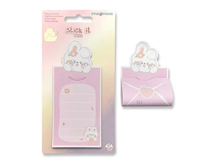 Imaginovo Bloc notas adhesivas conejito rosa 20 hojas 85x164 mm con mensaje trasero