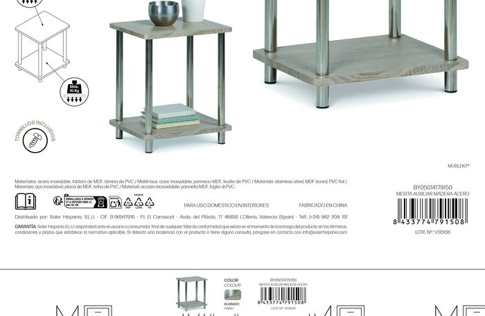 Inde Mesita Auxiliar Madera-Acero 4 cm ancho x 40 cm alto x 37.6 cm largo (4 Unidades)