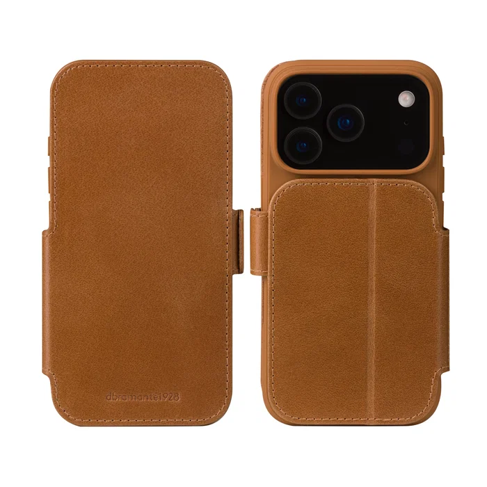 Dbramante1928 Copenhagen Funda Carrera para iPhone 17 Pro - Cuero de Grano Entero Bronceado con Cierre Magnético, Soporte de Sobremesa y 3 Bolsillos para Tarjetas
