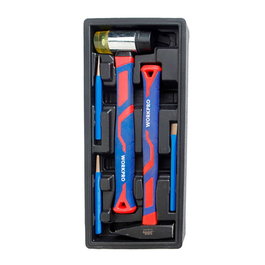 Workpro Juego 5 piezas Herramientas de Golpeo Serie Modular: Martillo Nylon 40mm, Martillo Maquinista 300g, Cincel 13mm, Botador 2mm, Punzón 6mm + Caja