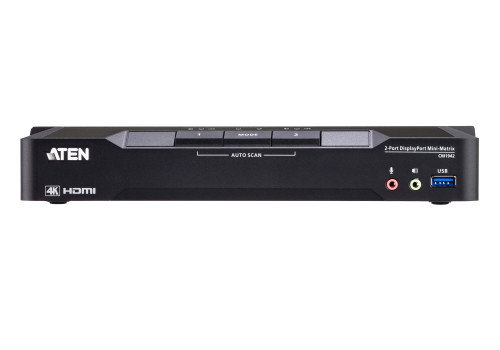 Aten CM1942 Switch KVM Matriz 2x2 DisplayPort a HDMI 4K 60Hz con Conmutación Ilimitada, USB Hub, Mezclador de Audio y Soporte Dual Display