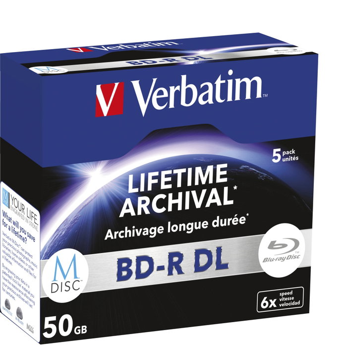 Verbatim M-Disc BD-R Blu-Ray 50GB 6x Speed, Jewel Case (5 unidades) Verbatim M-Disc BD-R Blu-Ray 50GB 6x Speed, Jewel Case (5 unidades)