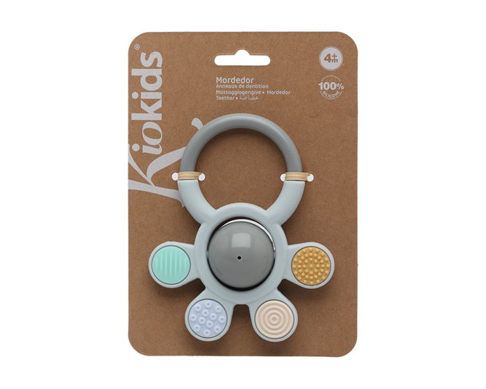 KioKids Mordedor Sonajero de Silicona Gris para Bebé +3 Meses, Juguete de Dentición Suave