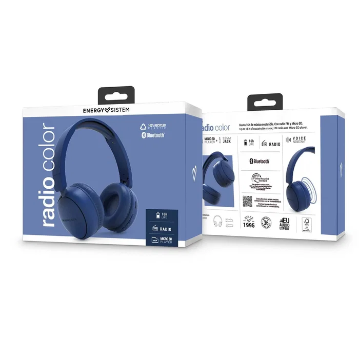 Energy Sistem Auriculares Diadema Bluetooth 5.3 con Radio FM, Ranura MicroSD, 16h Batería, Material Reciclado, Color Indigo