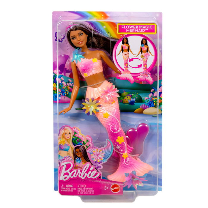 Barbie Muñeca Sirena Florece Morena JDM73 Mattel con Flores Sorpresa, Cola Degradada y Pelo Castaño con Mechas Moradas +3 Años
