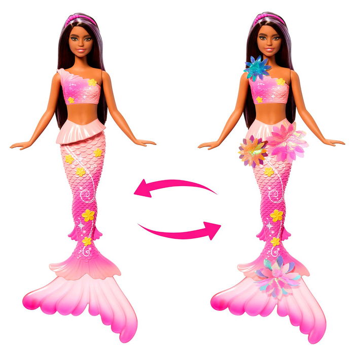 Barbie Muñeca Sirena Florece Morena JDM73 Mattel con Flores Sorpresa, Cola Degradada y Pelo Castaño con Mechas Moradas +3 Años
