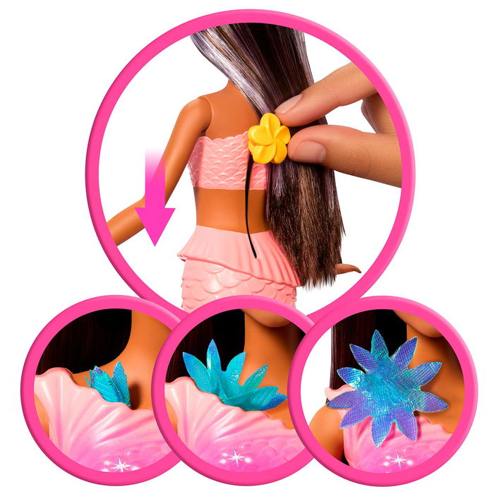 Barbie Muñeca Sirena Florece Morena JDM73 Mattel con Flores Sorpresa, Cola Degradada y Pelo Castaño con Mechas Moradas +3 Años