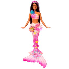 Barbie Muñeca Sirena Florece Morena JDM73 Mattel con Flores Sorpresa, Cola Degradada y Pelo Castaño con Mechas Moradas +3 Años